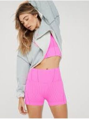 aerie Neon Pink Sports Bra and High-Waist Bike Shorts Set
